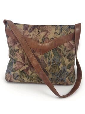 Floral Tapestry Shoulder Bag Embossed Faux Leather Trim 90s Y2K Cottagecore